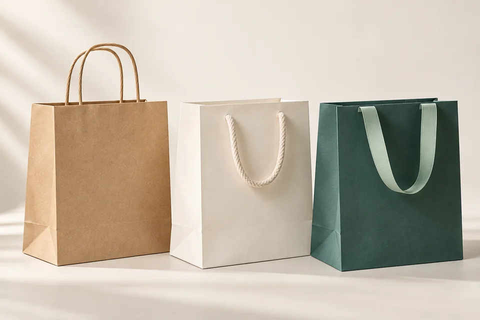 Ba mẫu túi với quai giấy xoắn, quai cotton và quai ribbon