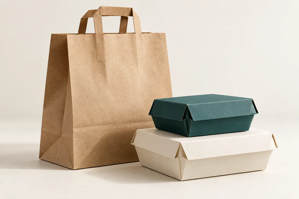 Túi kraft đứng chứa các hộp takeaway đã đóng kín