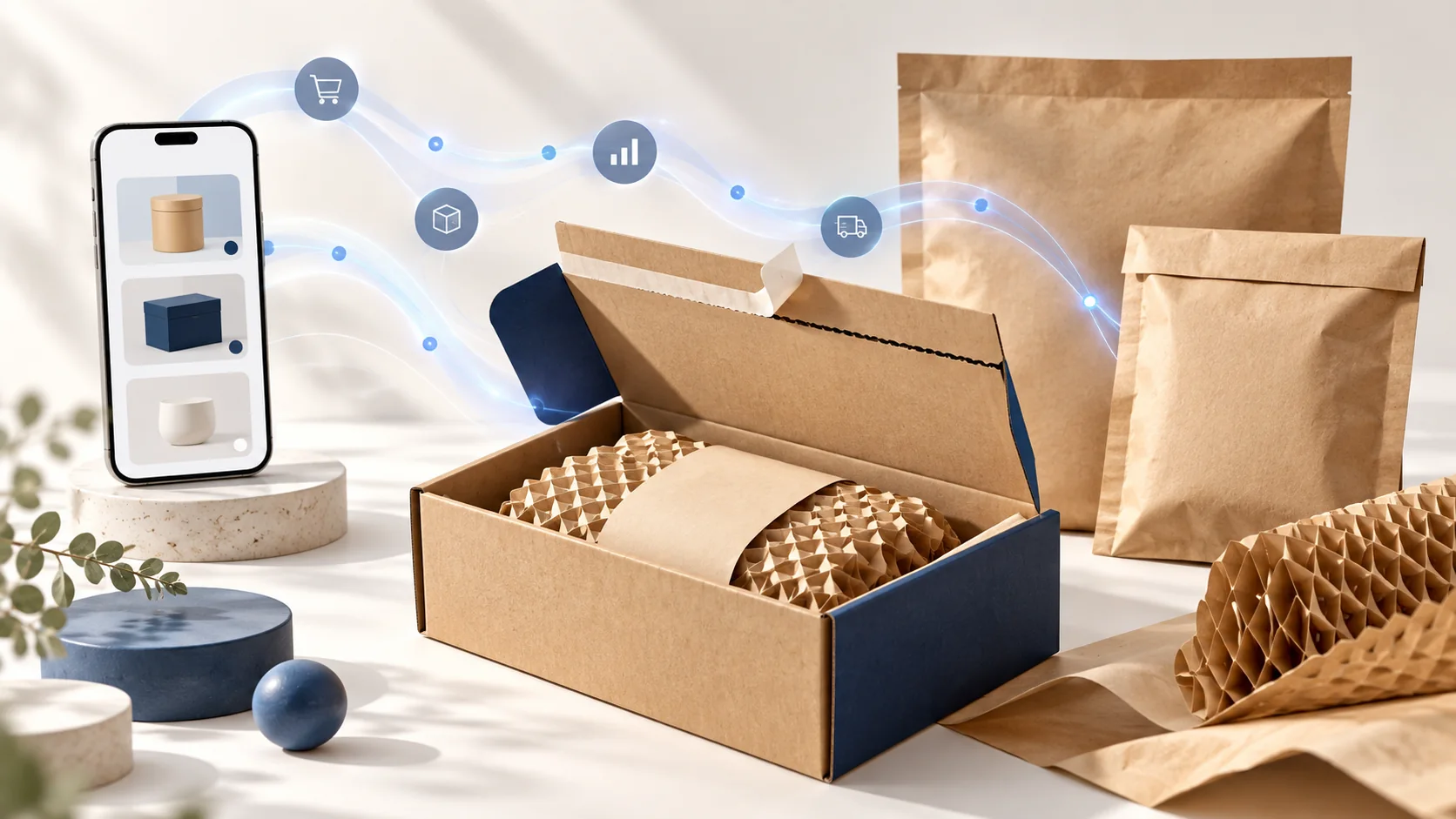 AI and e-commerce packaging poster with paper boxes, shipping mailers and data connections