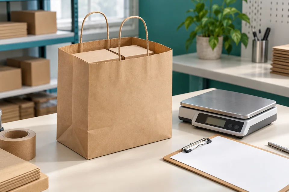 Kraft bag holding two sample boxes beside a scale and inspection sheet; illustrative scene