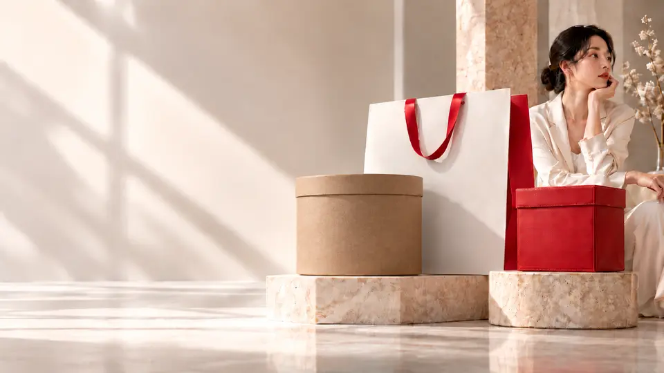 High-end paper bag and gift box set with Asian female model
