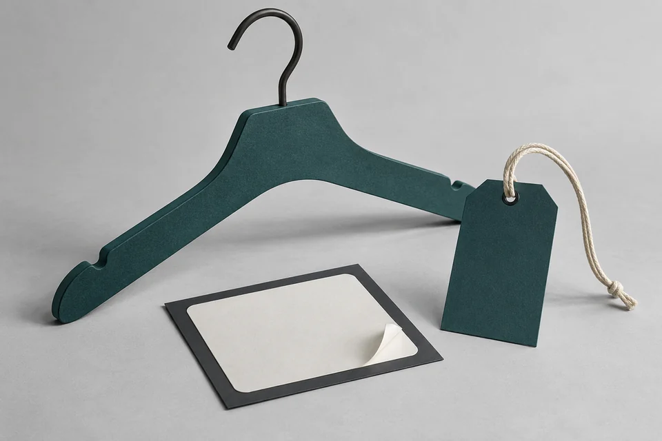 Hanger giấy, thẻ treo có dây và tem nhãn dán được sắp xếp thành một bộ nhận diện