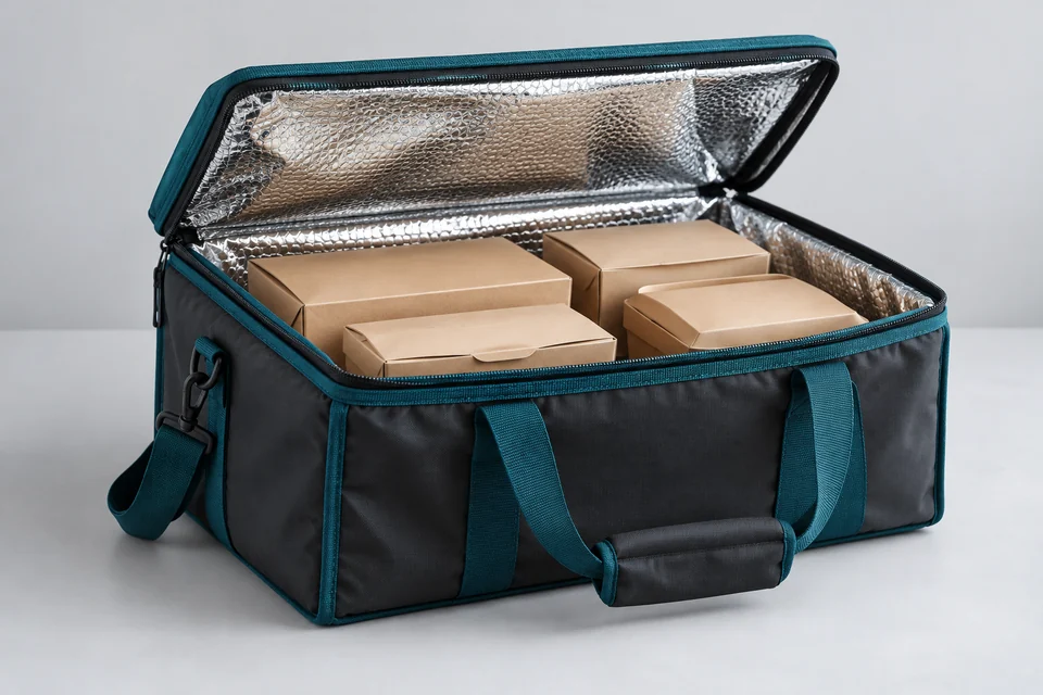 Túi giao hàng có lớp lót bạc, miệng đóng và các hộp takeaway đặt ổn định bên trong